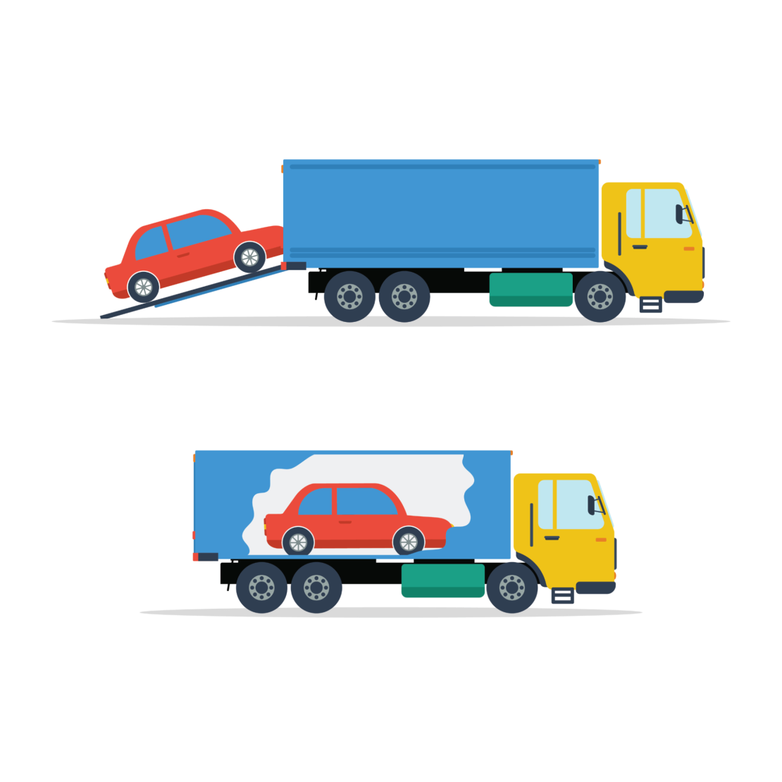 An illustration of a car being loaded onto an enclosed vehicle transporter