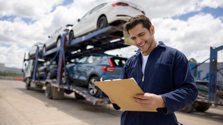 A worker prepares a vehicle transporter for shipment.