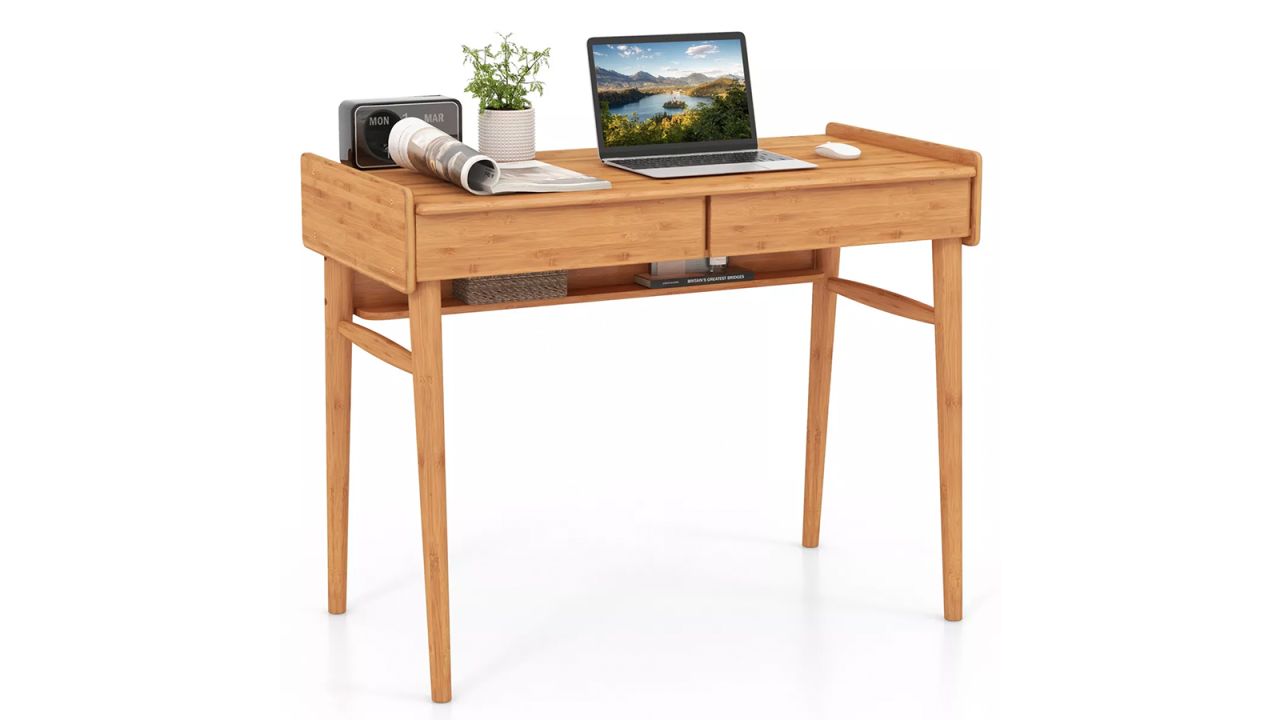 Costway Bamboo Writing Desk 39.5'' Computer Study Desk with 2 Storage Drawers & Open Shelf cnnu.jpg