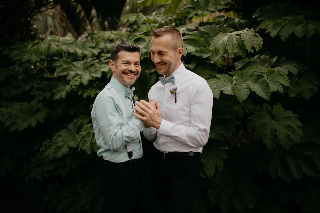 Here's Guillermo and Larry on their wedding day at the Dallas Arboretum in 2018.