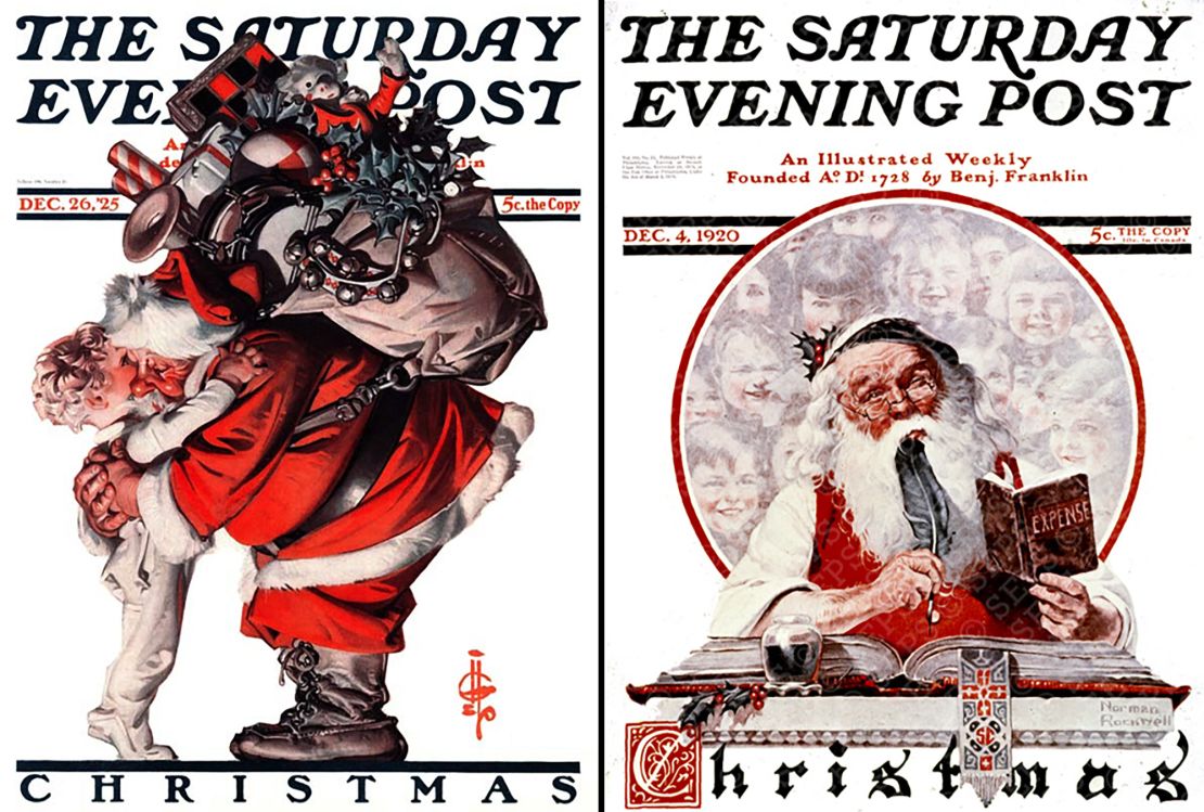 Portraits of Santa Claus by J.C. Leyendecker (left) and Norman Rockwell (right) helped establish Santa Claus' suit and wholesome persona.