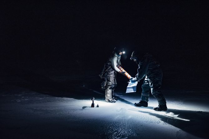 Another winning shot from Norway, where geobiologist James Bradley and microbiologist Catherine Larose are boring an ice core in the archipelago of Svalbard.