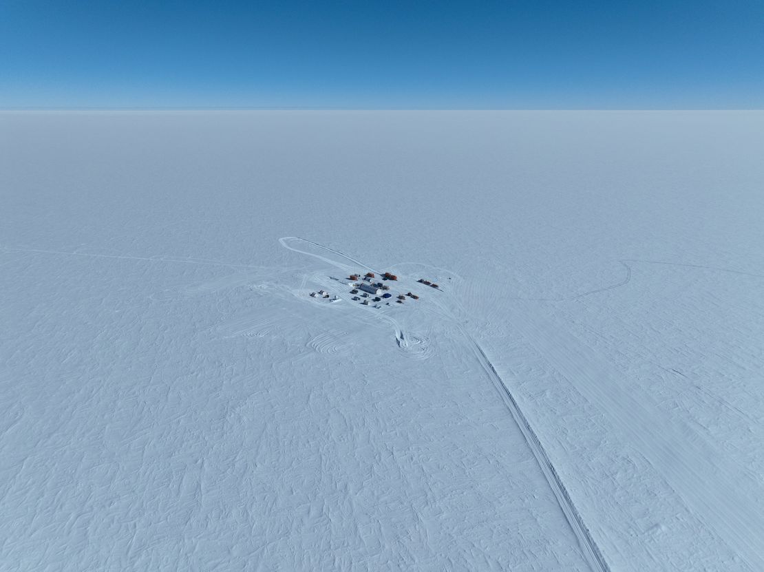 An aerial view shows the remote Little Dome C site in Antarctica where an international team drilled the ancient ice sample.