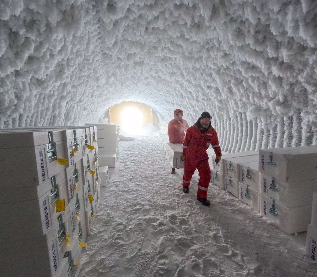 The ice core slices are stored in a cave in Antarctica until they can be shipped to other institutions for analysis.