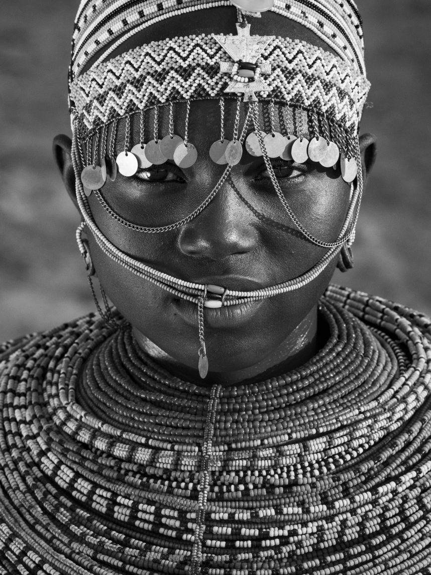 Detailed beadwork worn by Samburu women in Kenya.