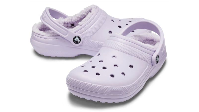 pink and white fuzzy crocs