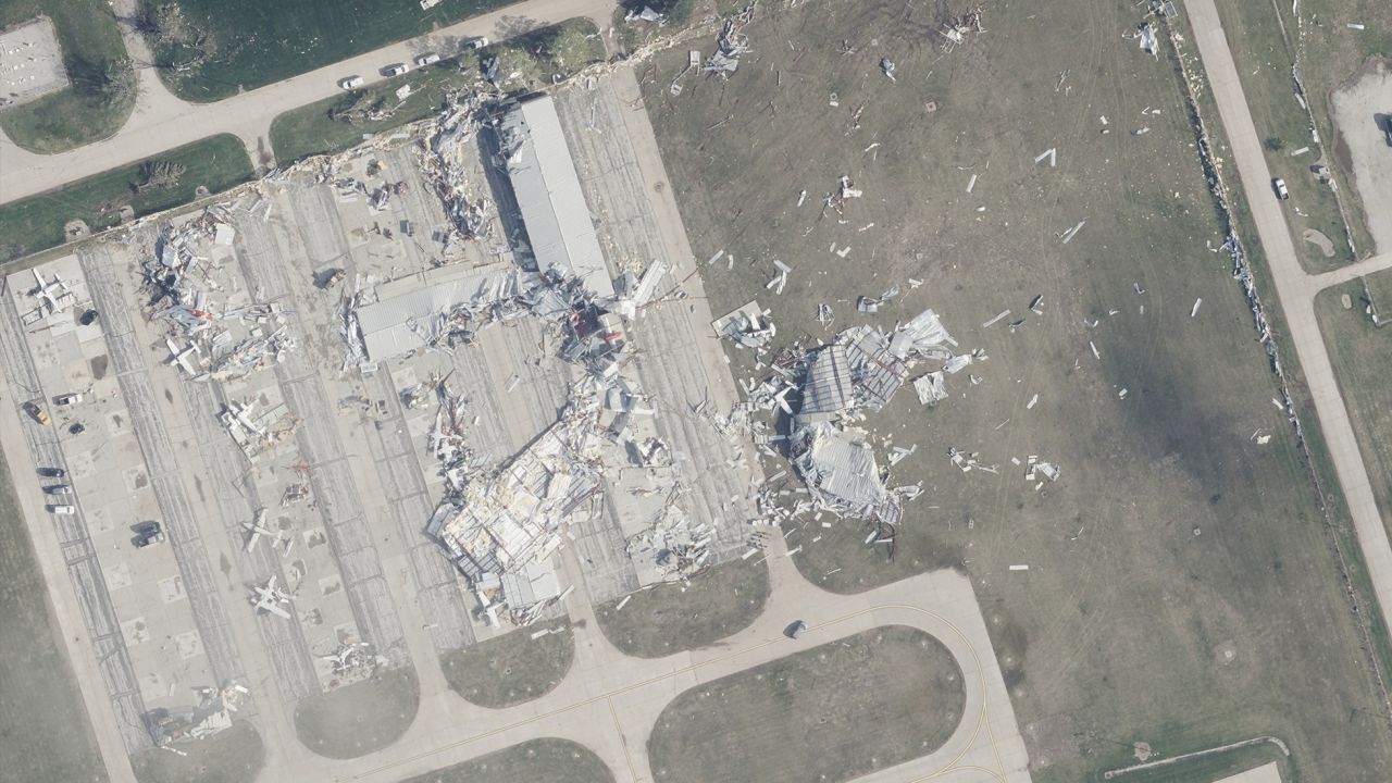 This aerial shows a general aviation hangar in Omaha, Nebraska, on April 27, 2024.