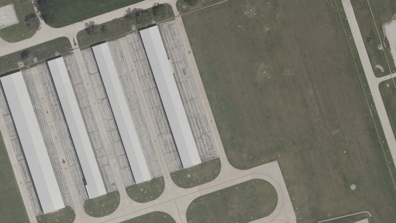 This aerial image shows an aviation hangar in Omaha, Nebraska, in July 2023.