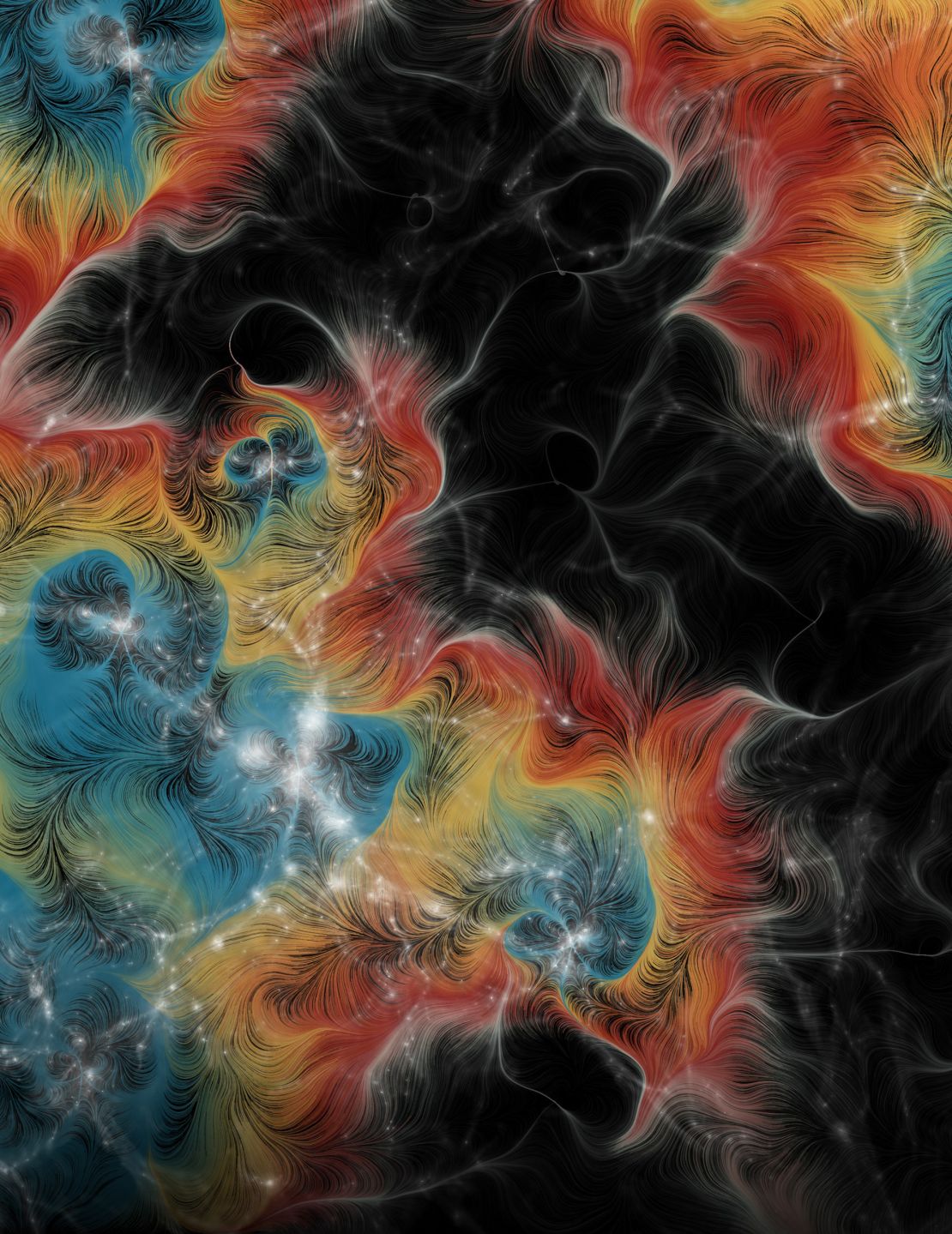 The artist's illustrations depict normal matter as pops of colour in intergalactic spaces.