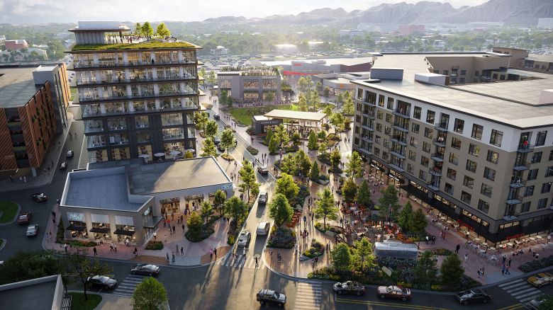 A rendering showing the FlatIron Crossing redevelopment in Colorado, which will create the HiFi, a mixed-use residential and retail center spanning more than 20 acres.