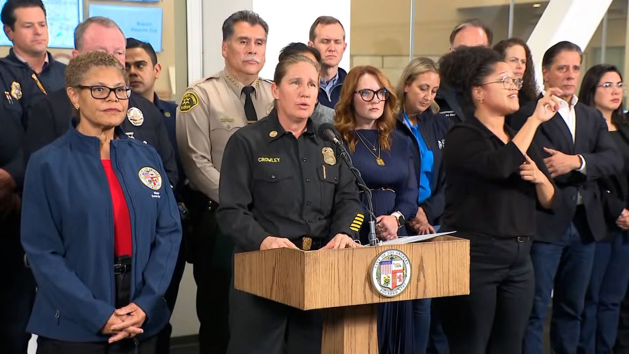 Los Angeles Fire Chief Kristin Crowley speaks during a news conference on Thursday, January 9.