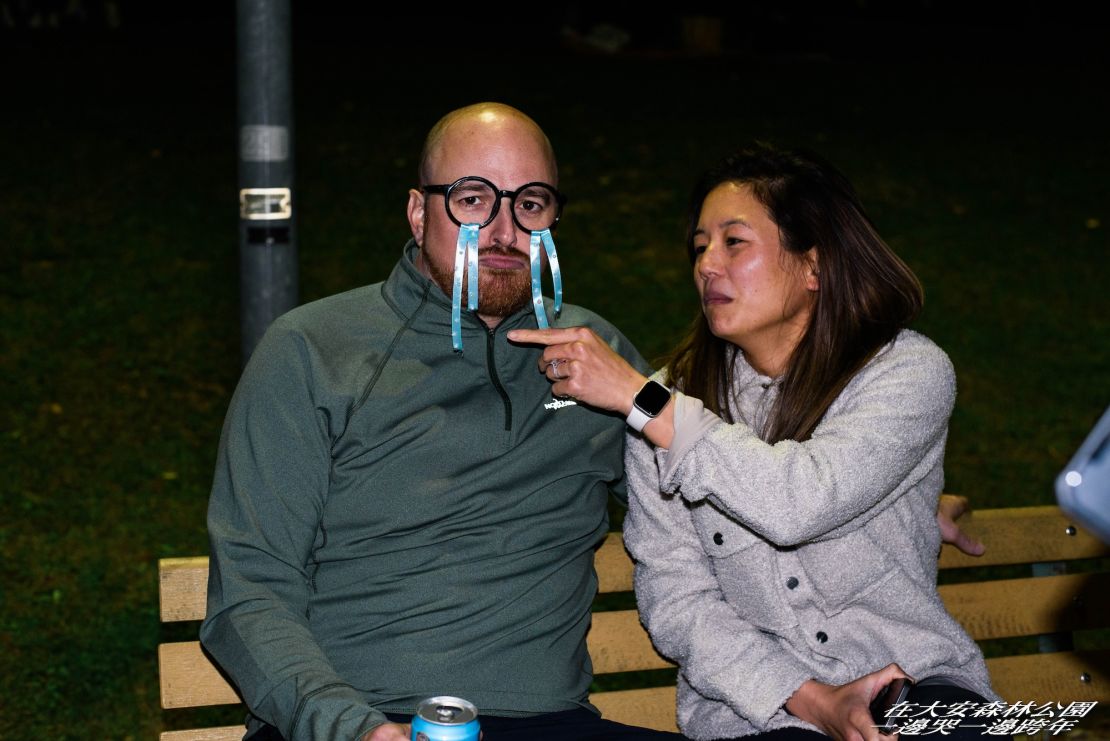 A reveler wears "crying glasses" to the New Year's Eve event in Taipei.