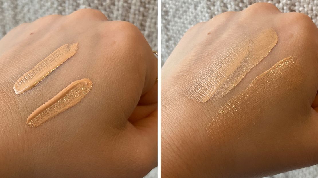 Charlotte Tilbury Flawless Filter (top left) and Catrice Soft Glam Filter Fluid (bottom left) swiped on hand. Charlotte Tilbury Flawless Filter (top right) and Catrice Soft Glam Filter Fluid (bottom right) slightly blended on hand.