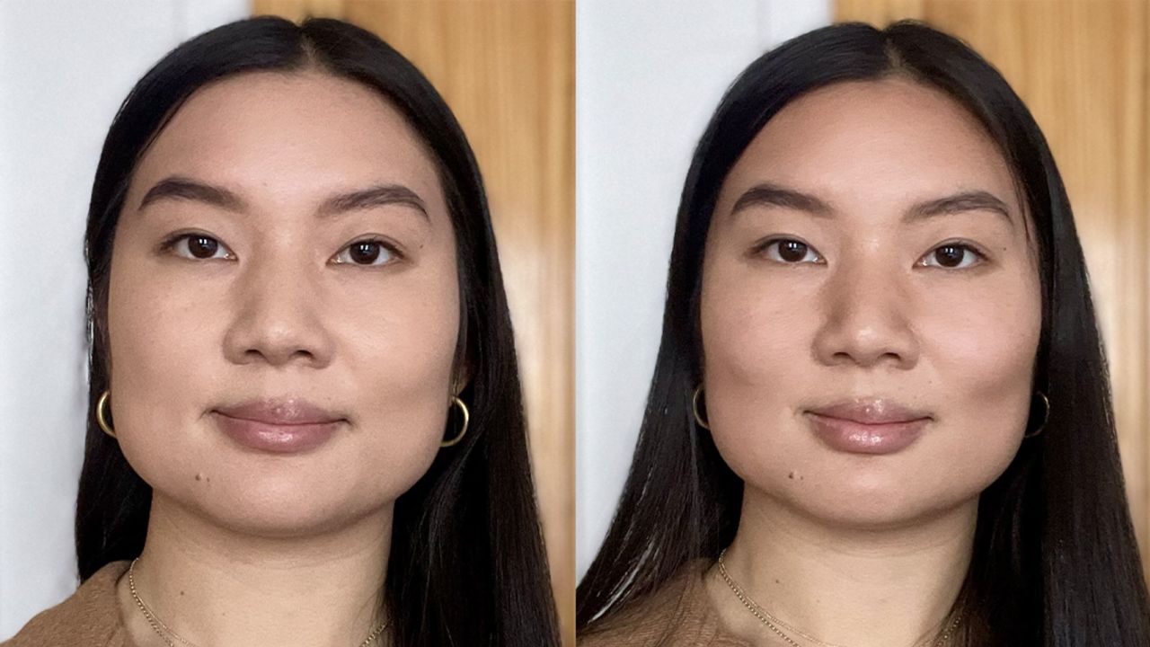 Left: Before contour. Right: With Charlotte Tilbury Hollywood Contour Wand on left side of face, and Tarte Sculpt Tape on right side of face.