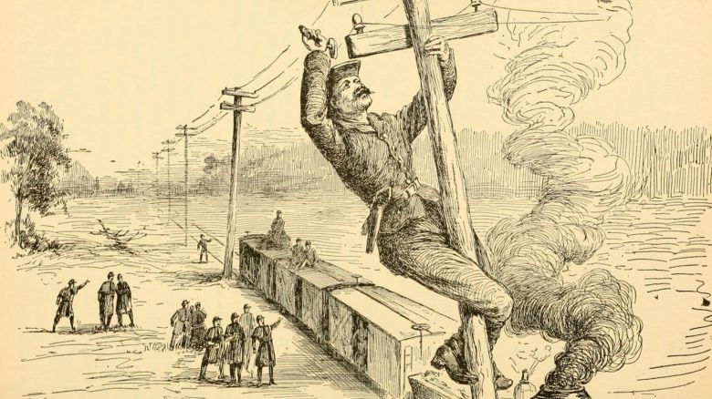 In this illustration provided by the US Army, union soldiers cut telegraph wires and commandeered a locomotive known as the General that was on its way toward Chattanooga in April 1862. They would stop occasionally along the route to “tear up track, switches, and bridges, inflicting as much damage as possible.” 