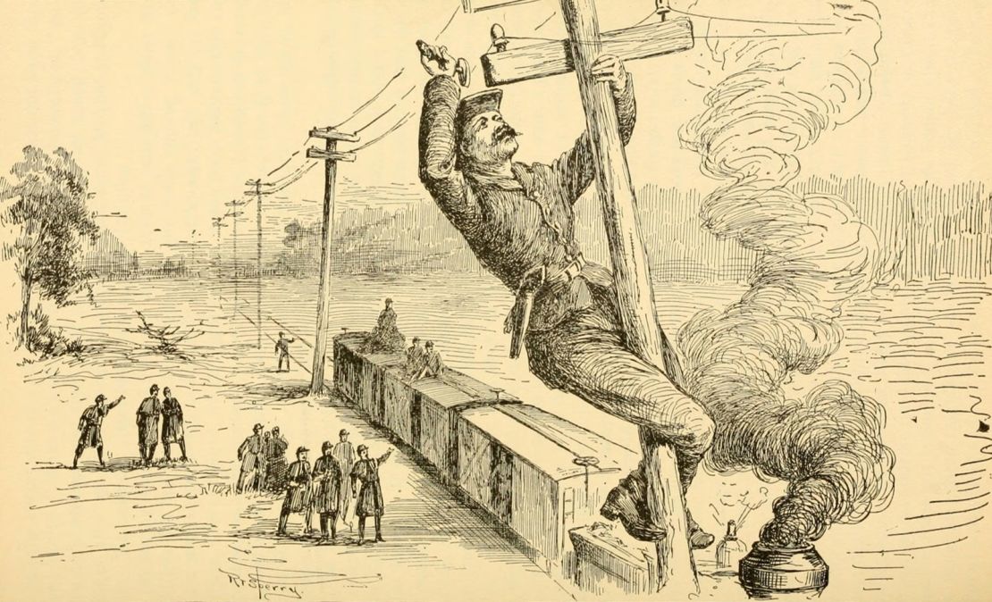 In this illustration provided by the US Army, Union soldiers cut telegraph wires and commandeered a locomotive known as the General that was on its way toward Chattanooga in April 1862. They would stop occasionally along the route to “tear up track, switches, and bridges, inflicting as much damage as possible.”