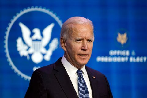 President-elect Joe Biden speaks during an event at The Queen theater in Wilmington, Delaware, on January 7.