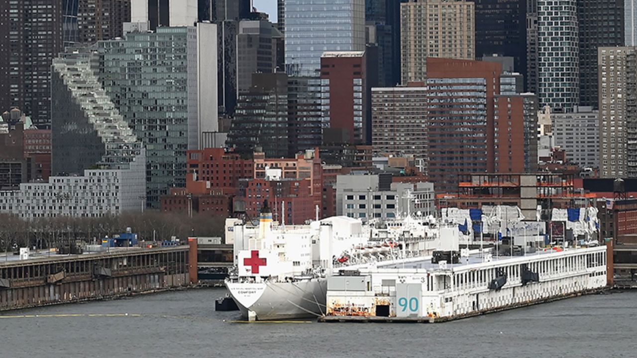 The USNS Comfort navy hospital ship sits at Pier 90 on Thursday, April 2, in New York City. 