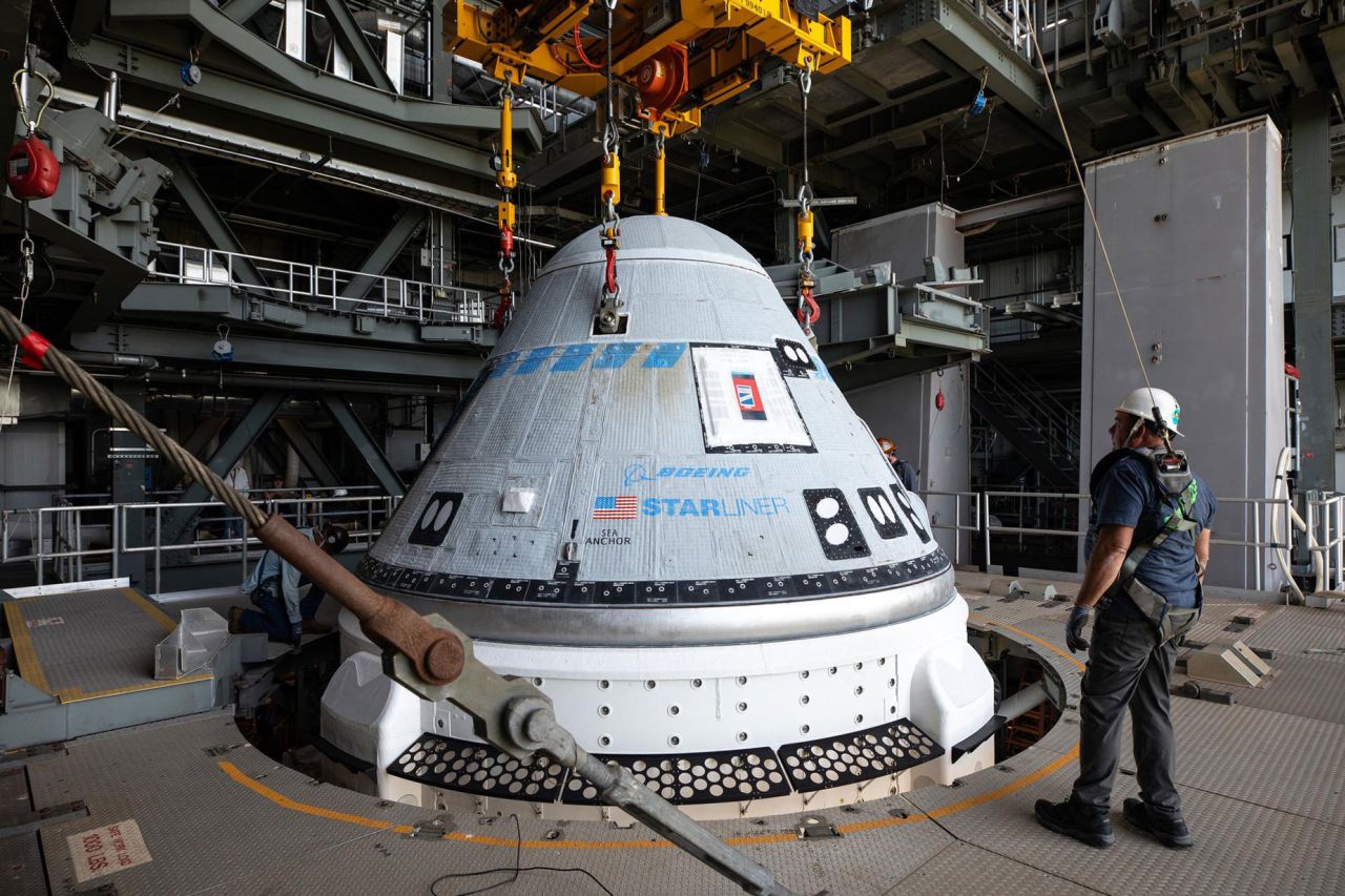 The Boeing Starliner spacecraft is lifted at the Vertical Integration Facility on Cape Canaveral Space Force Station in Florida on April 16. 