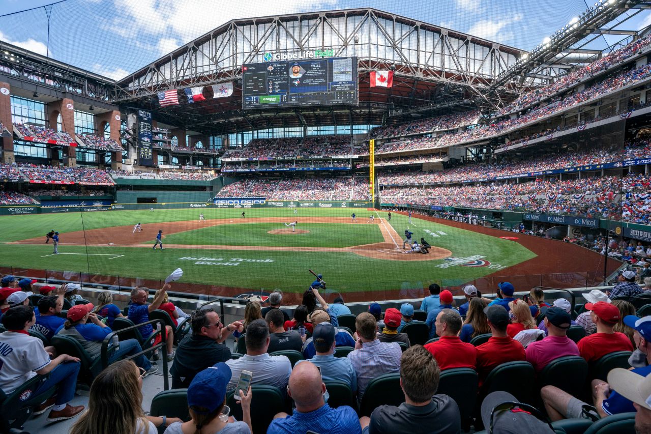 People fill the stands at Globe Life Field in Arlington, Texas, during a baseball game between the Texas Rangers and the Toronto Blue Jays on April 5.