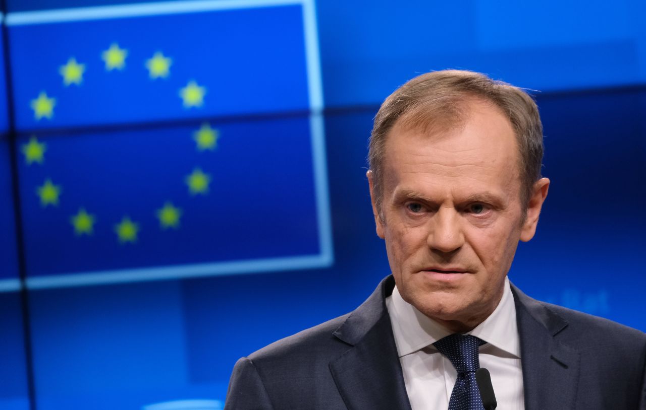 Tusk talks to reporters at a press conference on Wednesday.