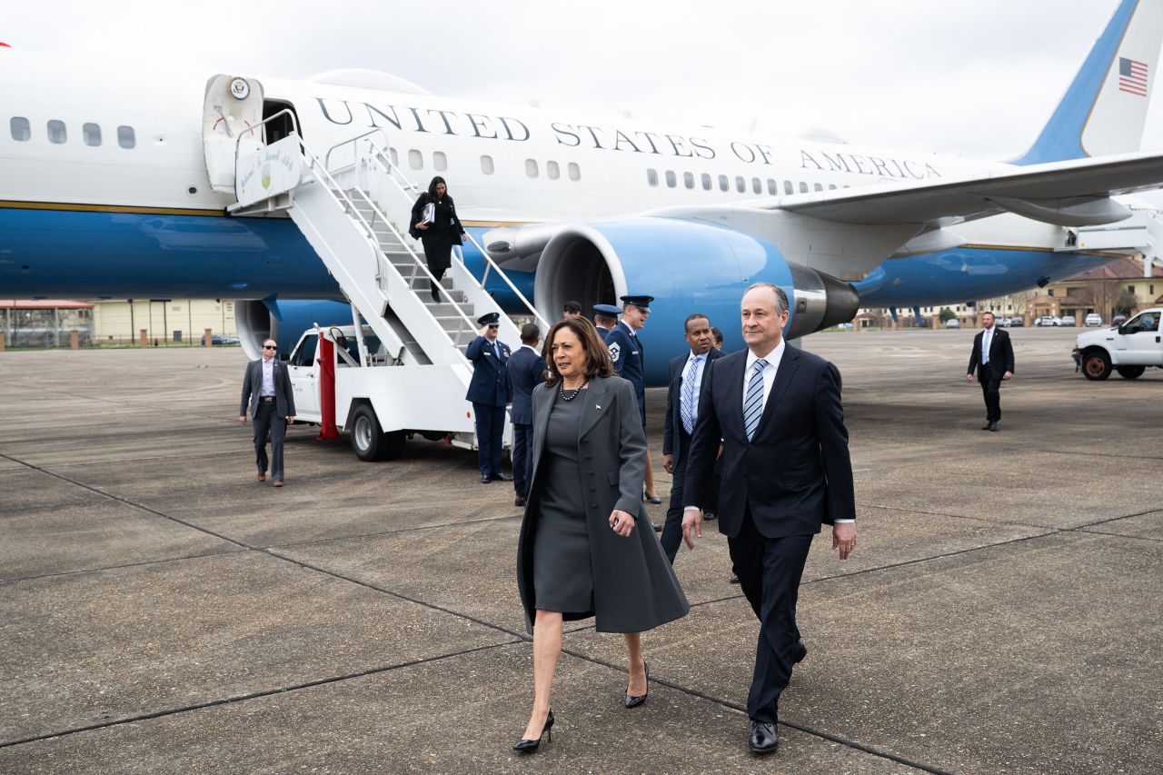 Vice President Kamala Harris and second gentleman Doug Emhoff exit Air Force Two upon arrival at Maxwell Air Force Base in Montgomery, Alabama, on March 3. 