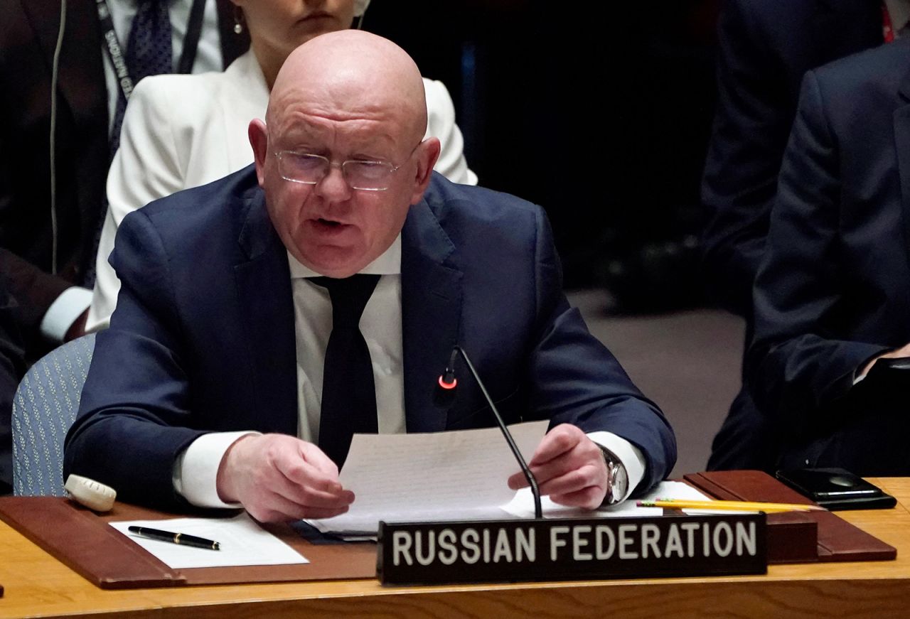 Vasily Nebenzya addresses the United Nations Security Council meeting in New York on February 24.