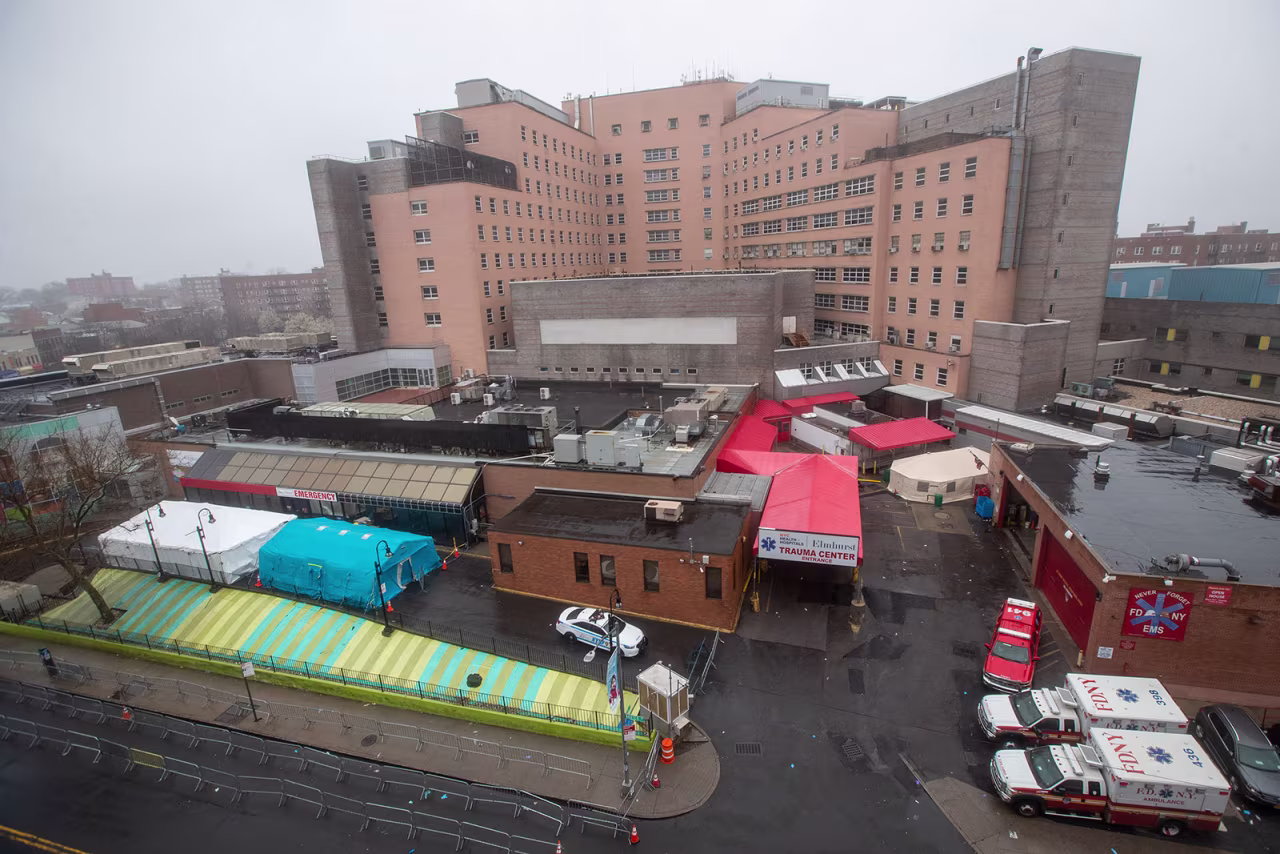 The exterior of Elmhurst Hospital in Queens on Sunday, March 29.