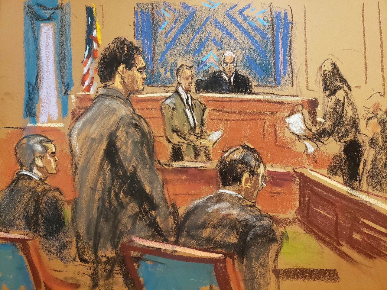 In this courtroom sketch, FTX founder Sam Bankman-Fried stands as the jury foreperson reads the verdict in his fraud trial over the collapse of the bankrupt cryptocurrency exchange at federal court in New York City, on November 2, 2023.