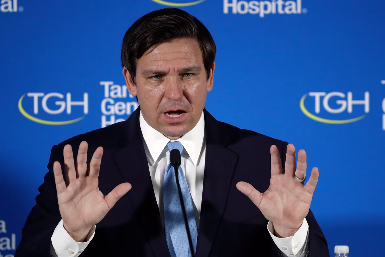 Florida Gov. Ron DeSantis gestures during a Covid-19 news conference on April 27, at the Tampa General Hospital in Tampa, Florida.