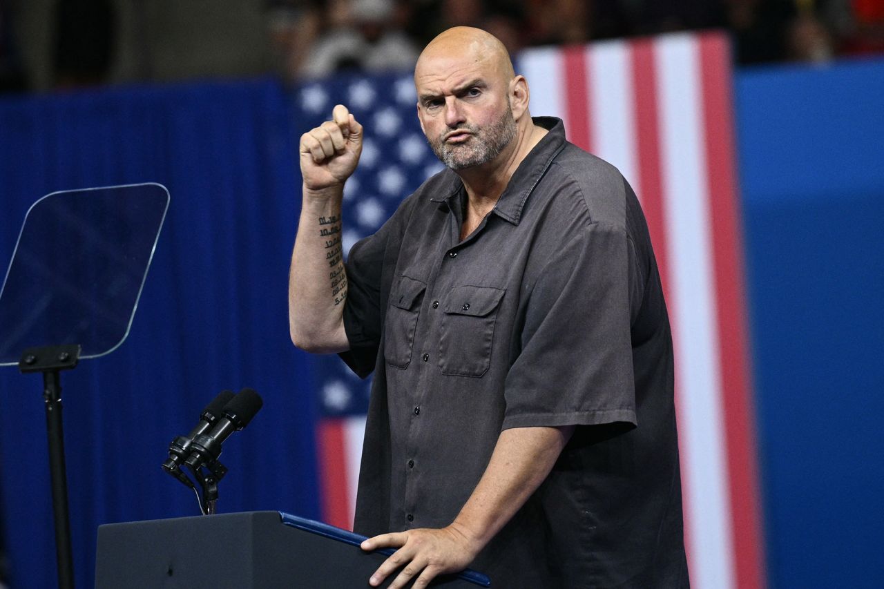 Sen. John Fetterman speaks at a rally for Kamala Harris in Philadelphia on August 6. 