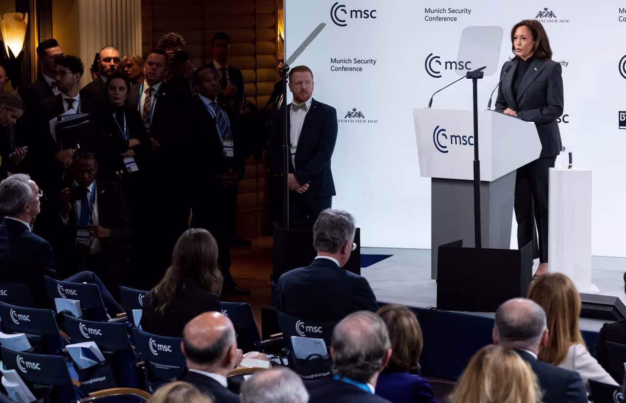 US Vice President Kamala Harris speaks at the Munich Security Conference on Saturday, February 18. 