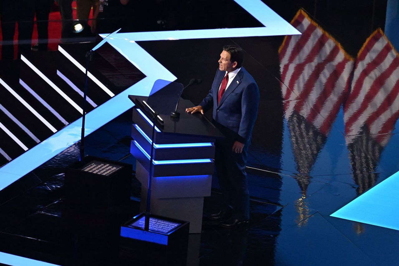 Florida Governor Ron DeSantis speaks during the second day of the Republican National Convention in Milwaukee on Tuesday, July 16.