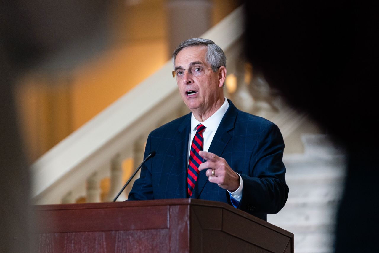 Georgia Secretary of State Brad Raffensperger speaks at a press conference at the Georgia State Capitol in Atlanta in November 2022.