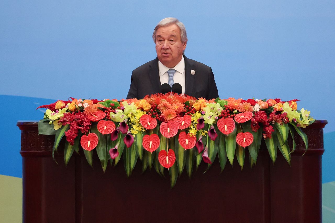 United Nations Secretary-General Antonio?Guterres?speaks at the opening ceremony of the Belt and Road Forum at the Great Hall of the People in Beijing, China, on October 18.