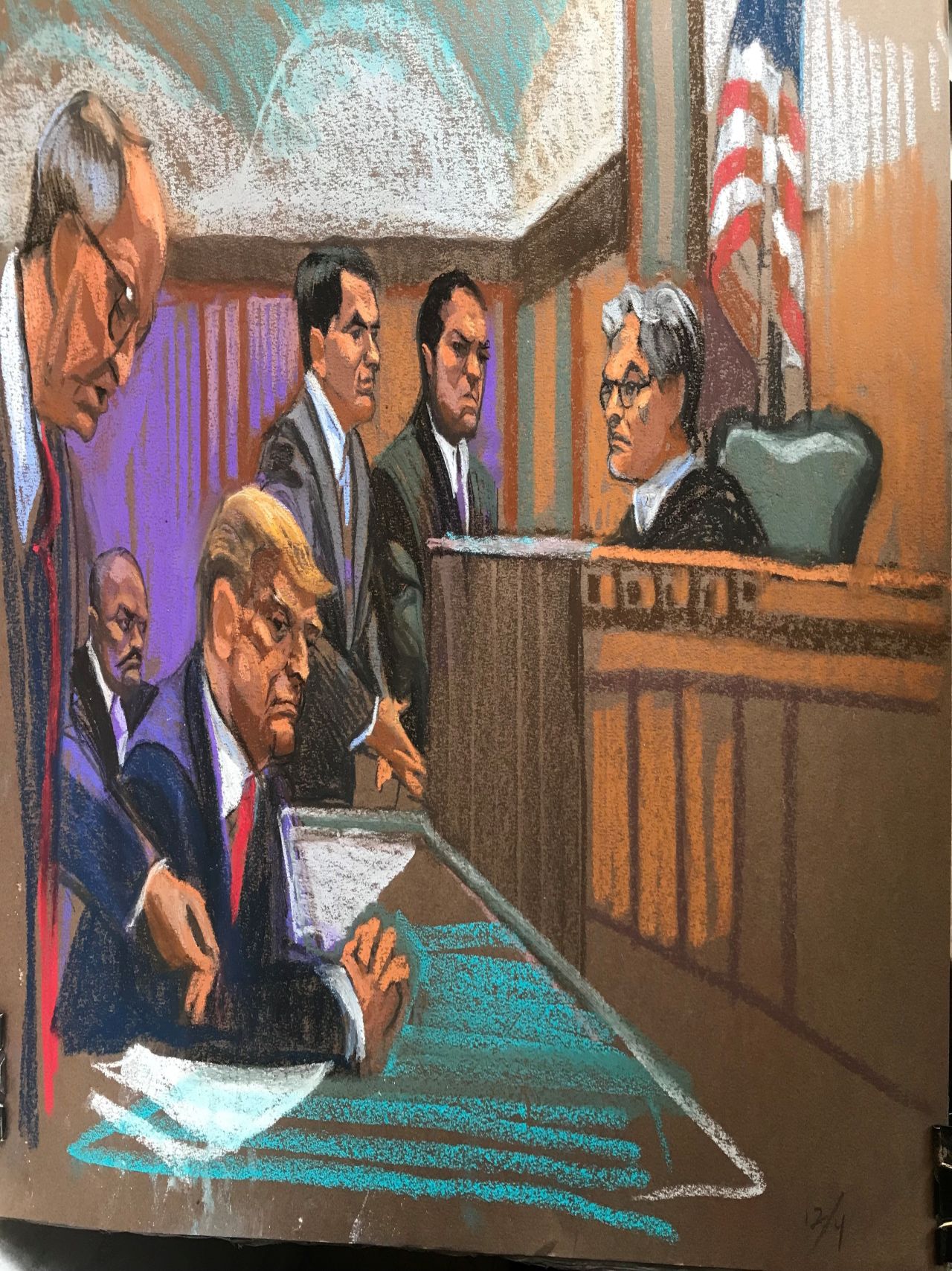 An illustration shows Trump inside the Manhattan courtroom on April 4, 2023. 