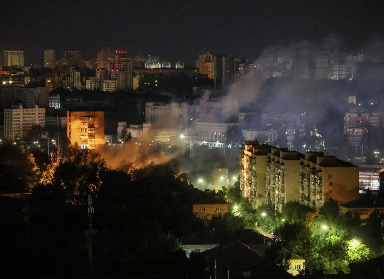 Smoke rises in the sky over the city after a Russian drone strike in Kyiv,?Ukraine, on?July 13, 2023.