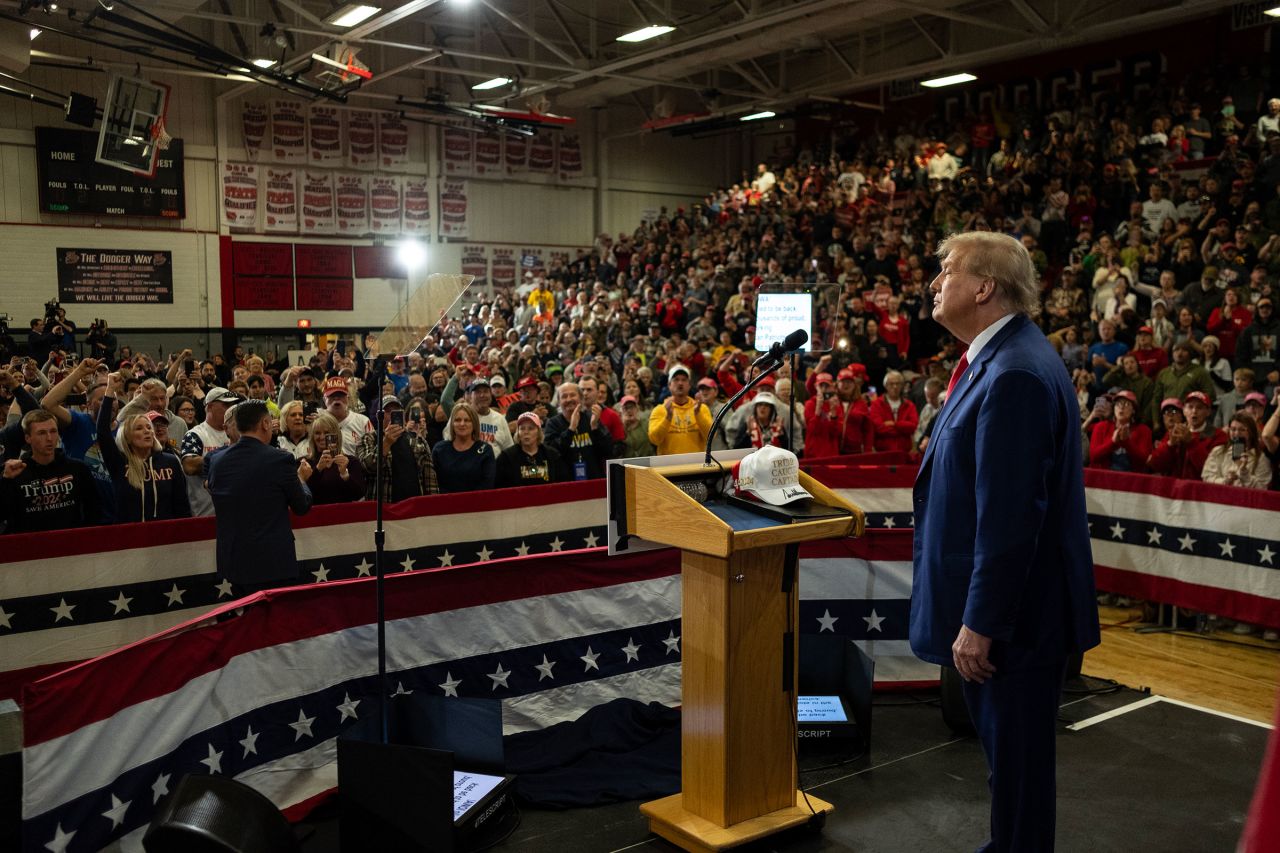 Former President Donald Trump speaks to a crowd of supporters at the Fort Dodge Senior High School on November 18, in Fort Dodge, Iowa.