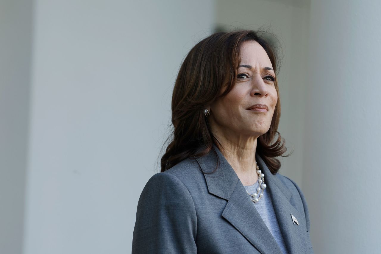 Vice President Kamala Harris looks on during a reception in the Rose Garden of the White House in May.