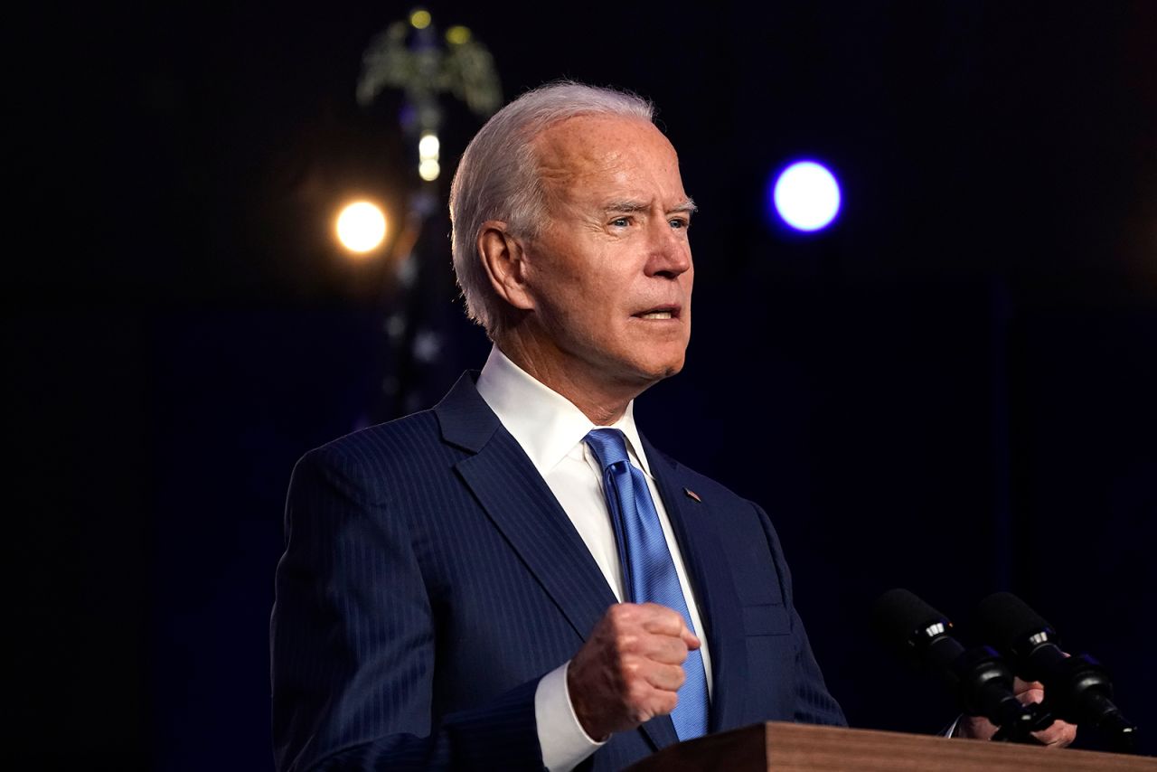 Democratic presidential nominee Joe Biden addresses the nation at the Chase Center November 6, in Wilmington, Delaware.