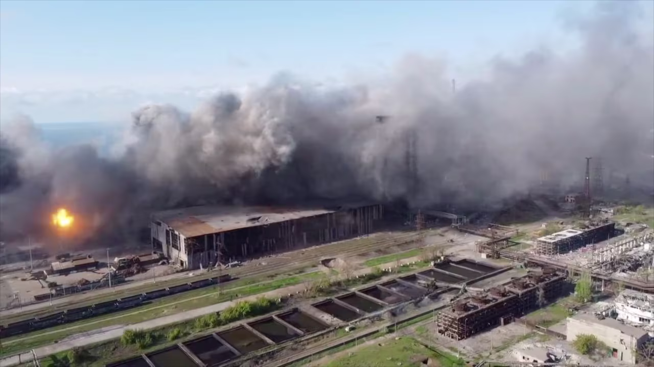 Flames and smoke rise from the Azovstal steel plant in Mariupol, Ukraine, on May 5. 