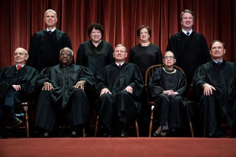 Justices of the US Supreme Court sit for their official group photo in 2018. From left, Justice Stephen G. Breyer, Justice Neil M. Gorsuch, Justice Clarence Thomas, Justice Sonia Sotomayor, Chief Justice John G. Roberts, Jr., Justice Elena Kagan, Justice Ruth Bader Ginsburg, Justice Brett M. Kavanaugh and Justice Samuel A. Alito.