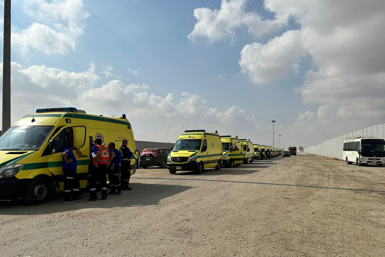 Ambulances line up at the Egyptian side of the border with Gaza in Rafah on November 2.