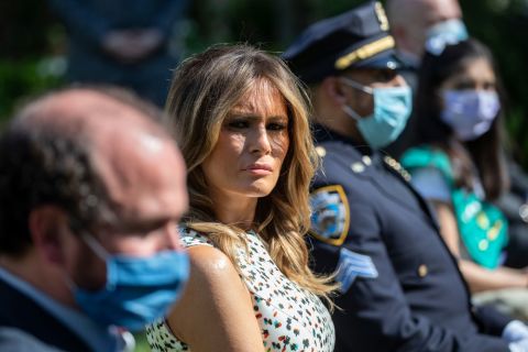 First lady Melania Trump is seated as President Donald Trump speaks during a presidential recognition ceremony in the Rose Garden of the White House on Friday, May 15, in Washington.