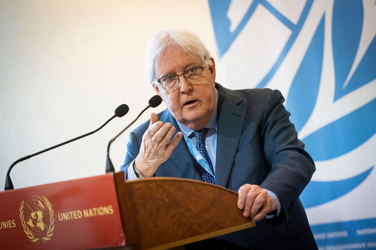 Martin Griffiths speaks during a press conference in Geneva, on November 15.