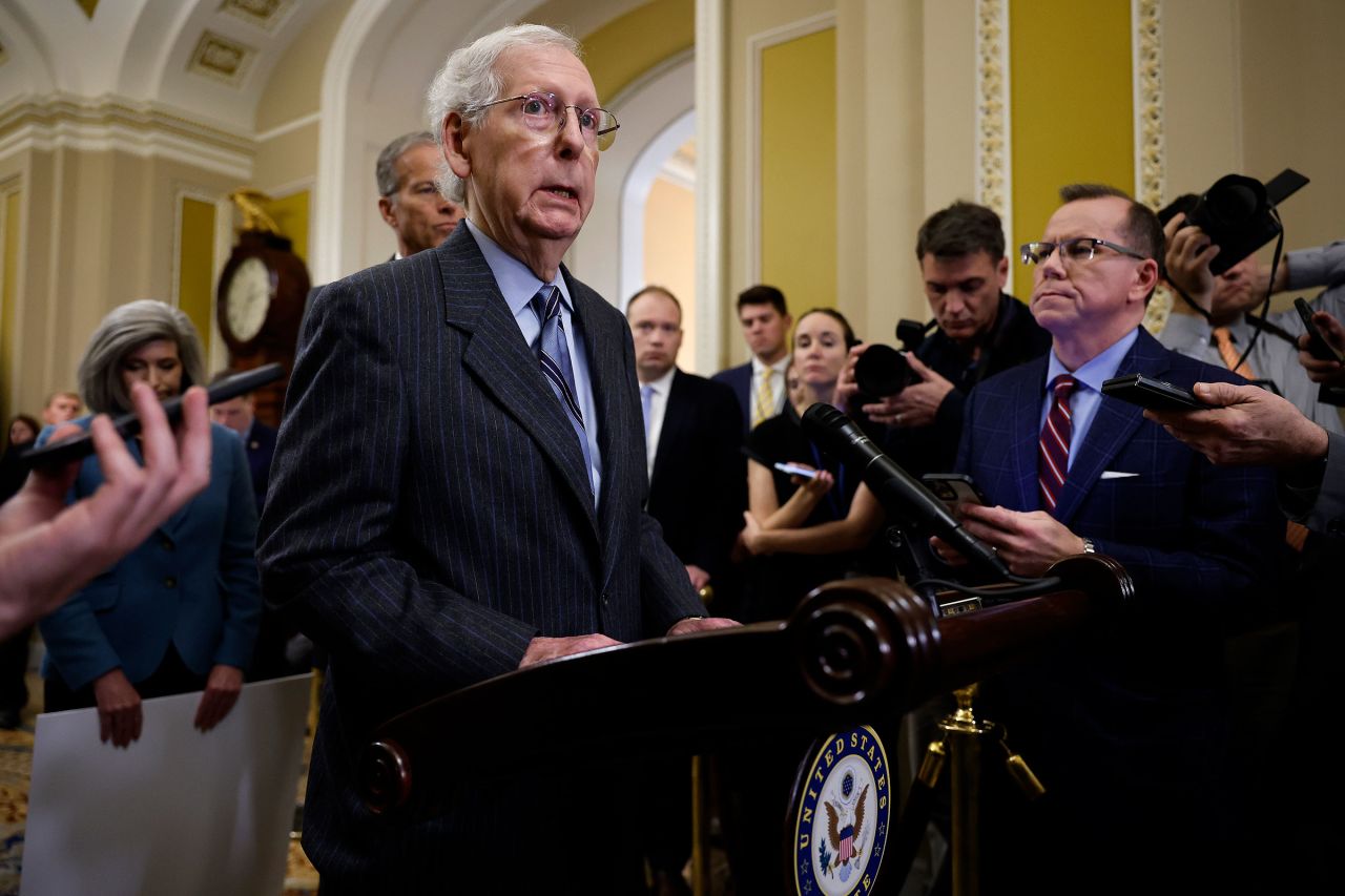 Senate Minority Leader Mitch McConnell talks to reporters following the weekly Senate Republican policy luncheon at the Capitol on November 7, in Washington, DC. 