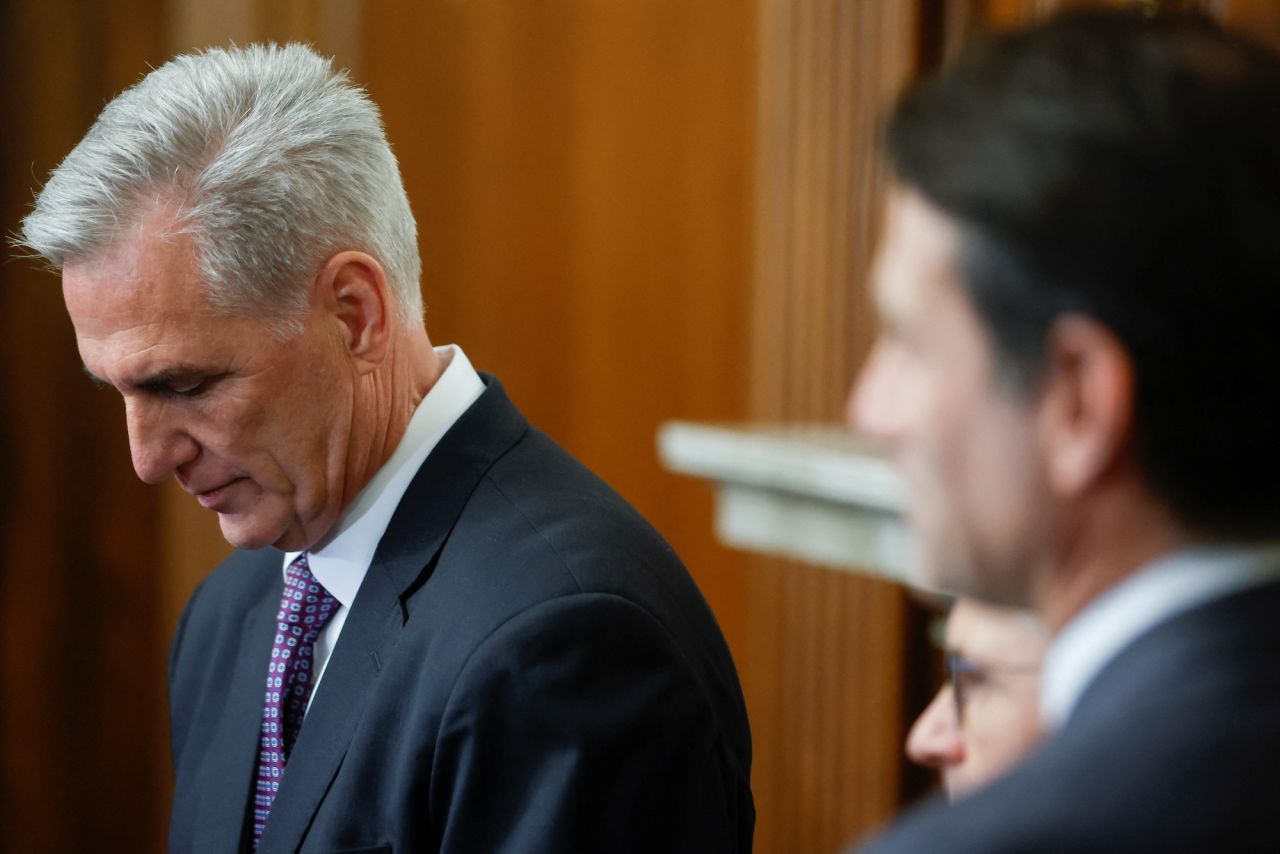 House Speaker Kevin McCarthy pauses during a news conference at the Capitol on Wednesday night.