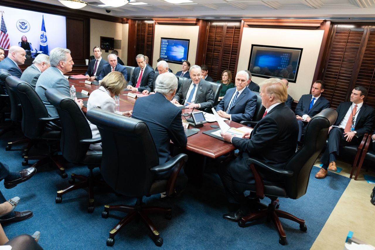 President Donald Trump and Vice President Mike Pence meet with Republican and Democratic congressional leadership on Wednesday, Jan. 2, 2019, in the Situation Room of the White House.