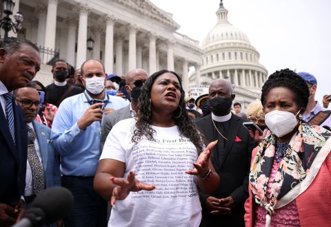 Rep. Cori Bush, center, Rep. Sheila Jackson Lee, right, and civil rights activist Jesse Jackson speak at a rally against the end of the eviction moratorium at the U.S. Capitol on Tuesday, August 3.
