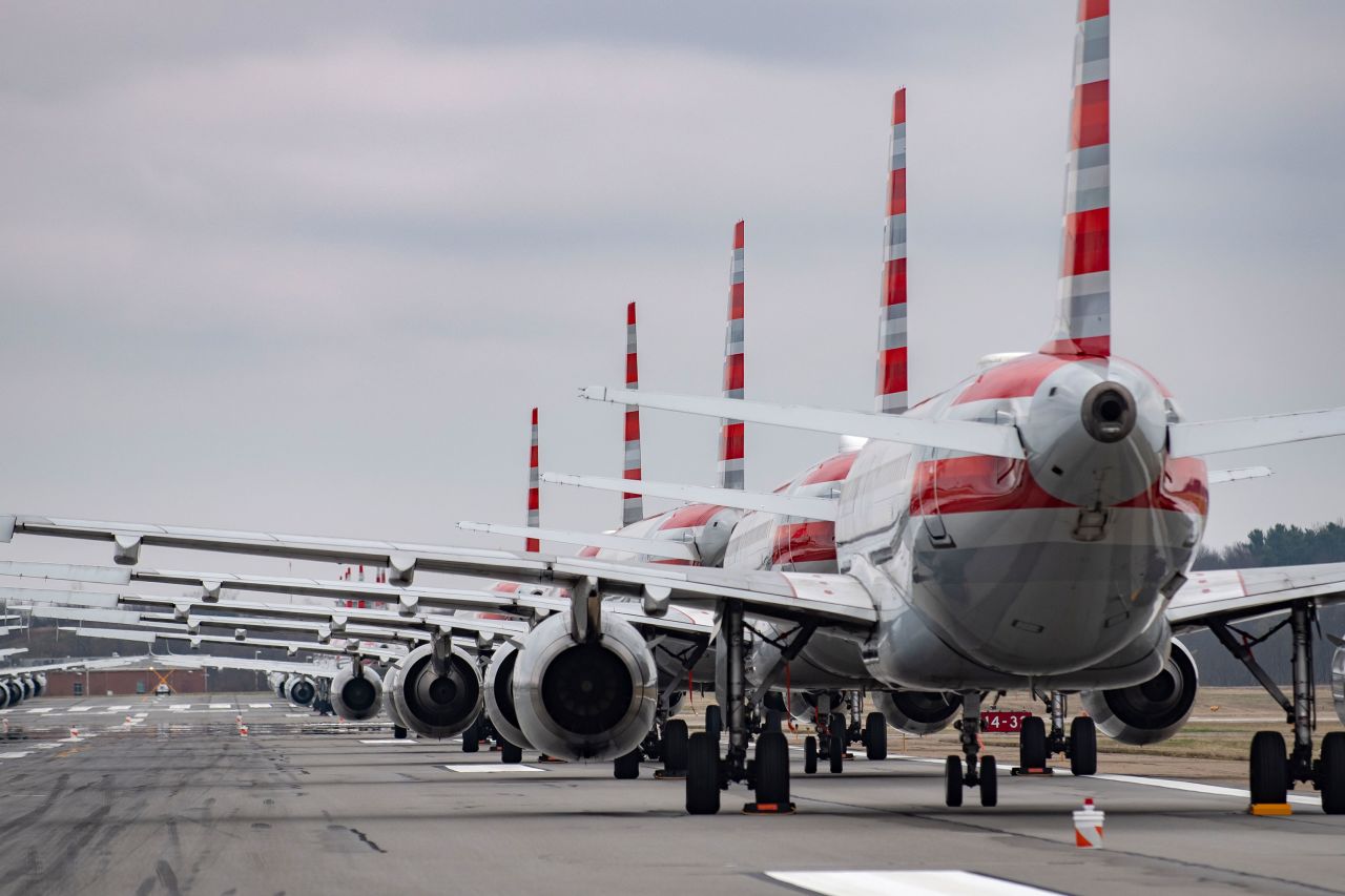 Jets sit parked on runway 28 at the Pittsburgh International Airport on March 27.